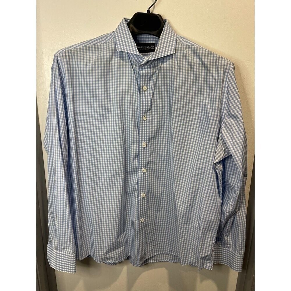 Knot Standard Mens Blue White Gingham Cotton Cutaway Collar Dress Shirt JIVE91